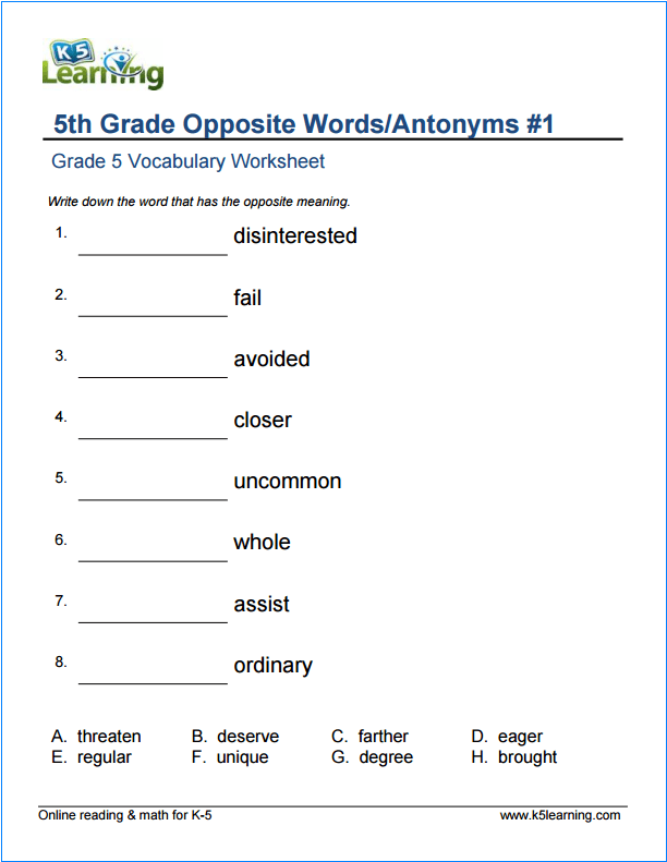 5th Grade Vocabulary Words Worksheet