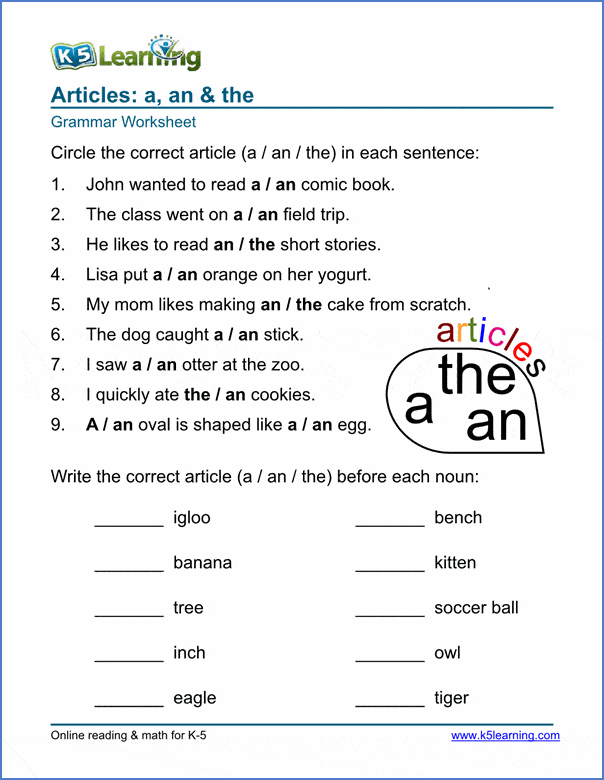 Article Worksheets For Elementary School Printable Free K5 Learning