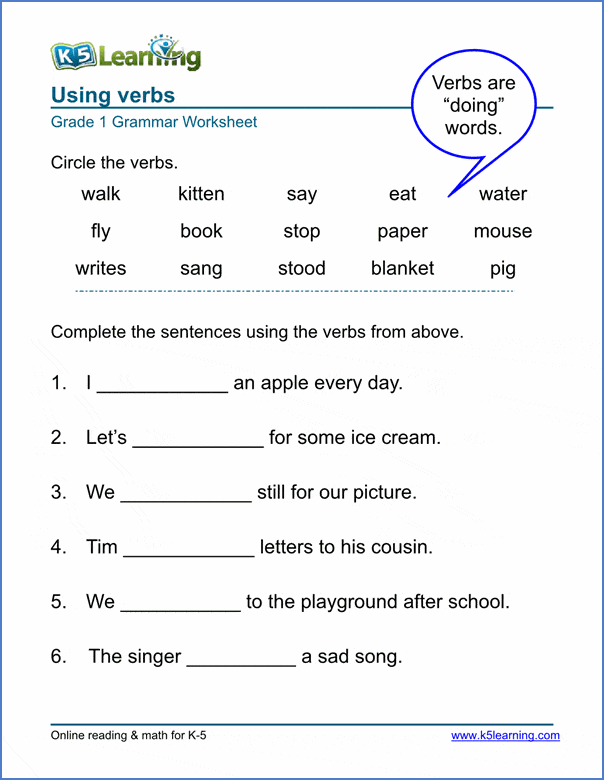 Verb Worksheets for Elementary School Printable Free K5 Learning