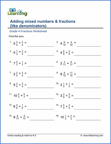 Grade 4 Math Worksheets: Adding mixed numbers & fractions | K5 Learning