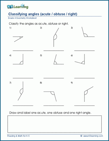 Grade 4 Geometry Worksheet classifying angles - acute, obtuse, right