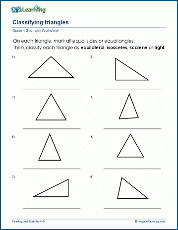 Grade 4 Geometry Worksheet classifying triangles - equilateral, isosceles, scalene