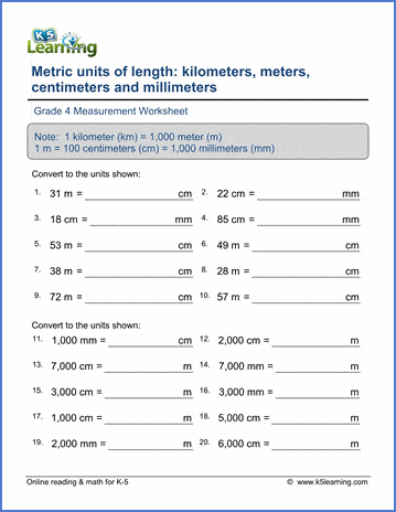 Grade 4 Measurement Worksheets: Convert metric lengths | K5 Learning