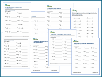 Subtracting fractions worksheets