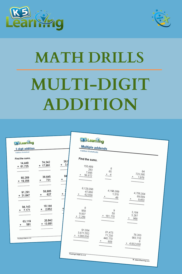 Multi-digit Addition Math Drill Worksheets | K5 Learning