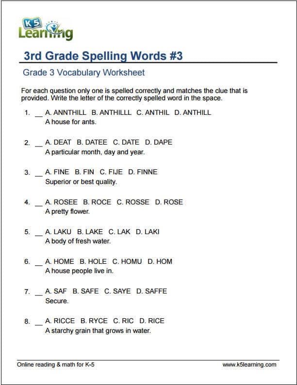 Grade 3 Vocabulary Worksheets Printable And Organized By Subject K5 Learning