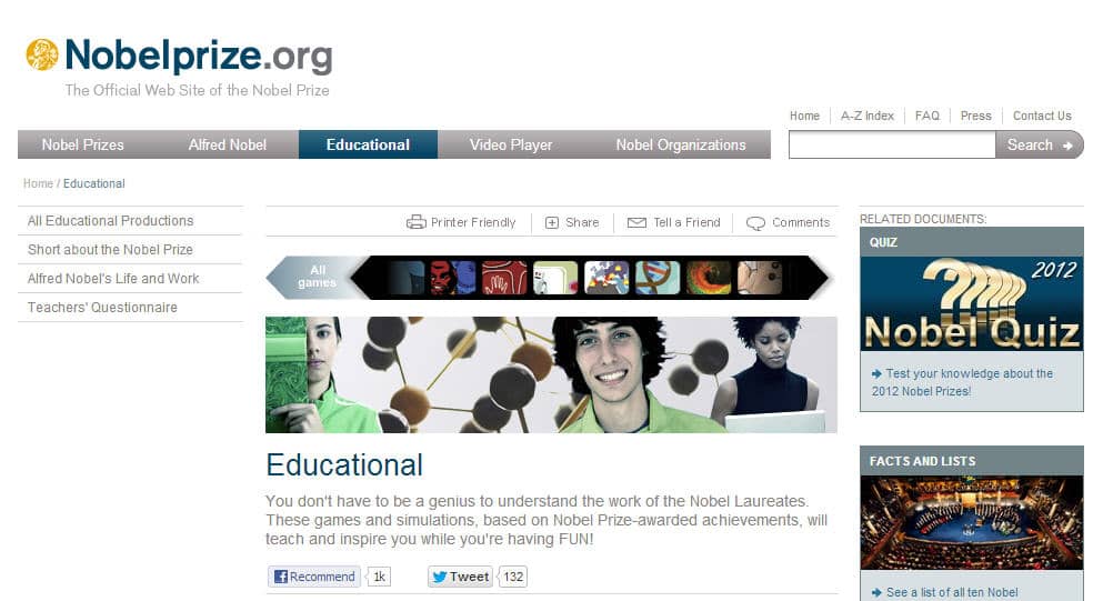 Nobel prize homepage