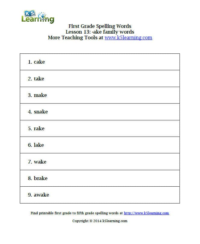 1St Grade Spelling Words Printable
