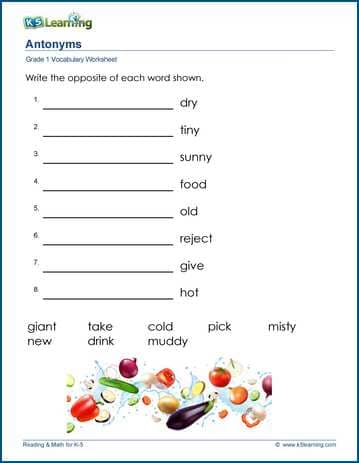 antonyms for 1 grade worksheet opposite of 1 worksheet  Grade meaning vocabulary words