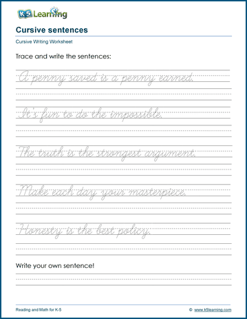 Writing Cursive Sentences Worksheets - Free and Printable