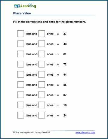 1st Grade Place Value and Number Charts Worksheets free printable