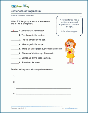 Grade 3 Sentences Worksheets K5 Learning