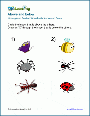 Kindergarten above - below position worksheets