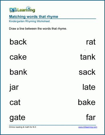 Kindergarten Rhyming Worksheet Match Words 1 
