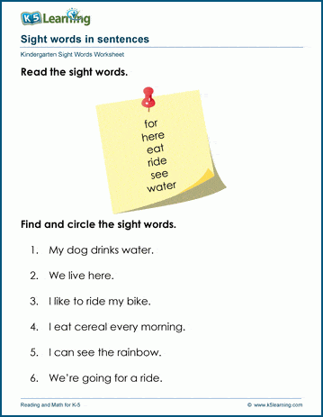 beginner kindergarten sight word sentences worksheets