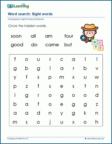 sight word word searches for kindergarten k5 learning