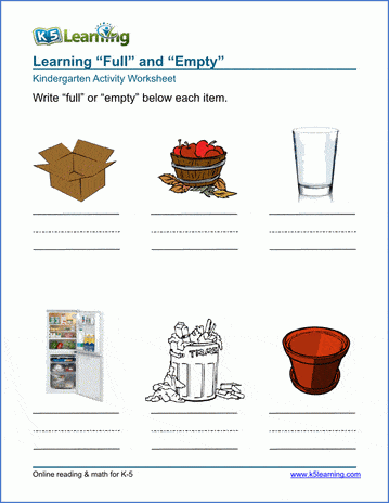 Full and Empty Worksheets - Printable | K5 Learning