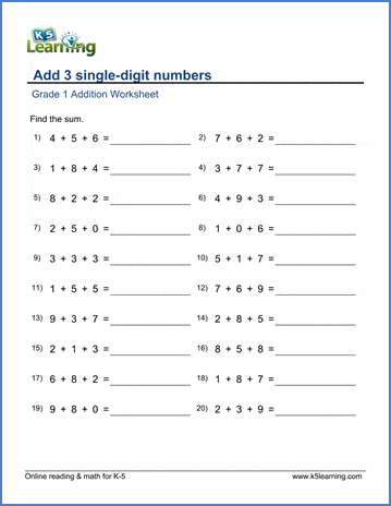 grade pdf maths 1 in for worksheets Grade digit math worksheet  add numbers 1  K5 3 single