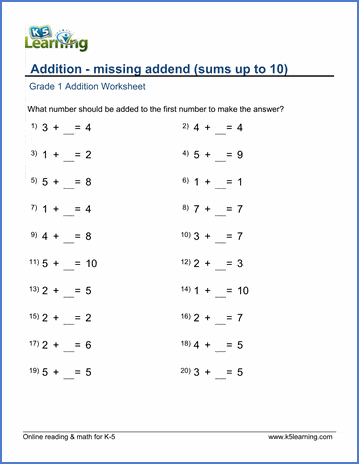 Grade 1 Math Worksheet Addition With Missing Addends Sums Up To 10 K5 Learning