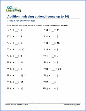 grade 1 math worksheet addition with missing addends sums up to 20 k5 learning