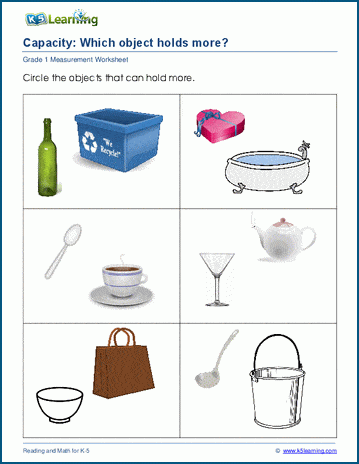 grade 1 capacity worksheets which container holds more