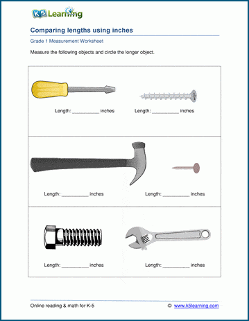 Measuring and comparing lengths - worksheets for grade 1 | K5 Learning