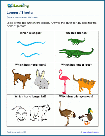 Grade 1 Measurement Worksheet on longer vs shorter