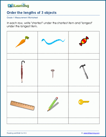 Grade 1 length worksheets: which object is longer or shorter?