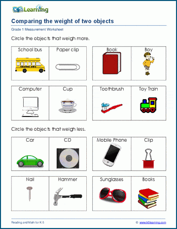 grade 1 weight worksheets which object is heavier