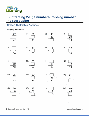 subtracting 2 digit numbers missing numbers no