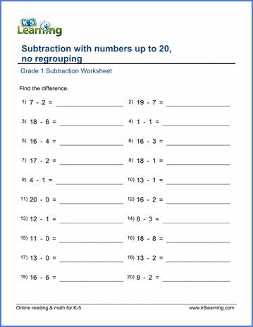 Subtracting Numbers Up To 20 No Regrouping Grade 1 Worksheets K5 Learning