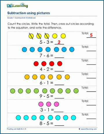 1st grade math worksheet subtraction with pictures or objects k5 learning
