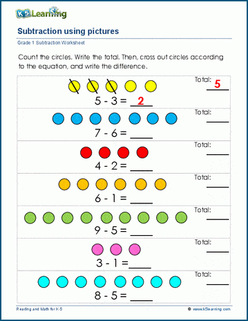 1st grade math worksheet subtraction with pictures or objects k5