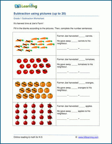 grade 1 subtraction with objects 0 20 math worksheets