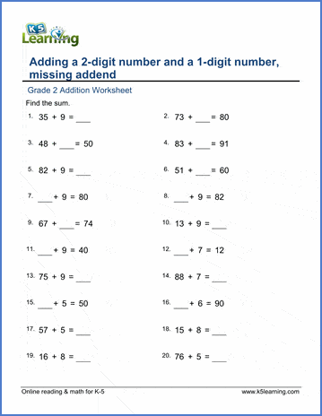 k5 worksheets grade 1 math and  1 missing a addend a digit Adding 2 number  digit