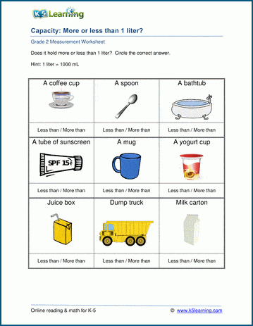 grade 2 capacity worksheets more or less than 1 liter