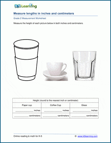 Grade 2 Measurement Worksheet on measuring lengths in inches and cm