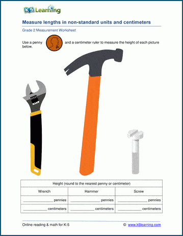 Grade 2 Measurement Worksheet on lengths in non-standard units and cm