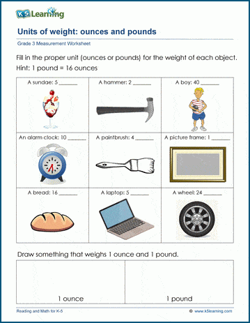 Grade 3 Measurement Worksheets: Units of weight (ounces and pounds