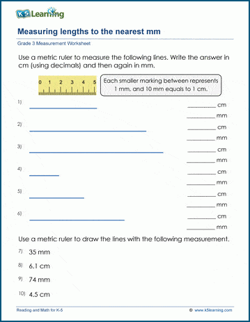 Grade 3 Math Worksheet Measuring Lengths To The Nearest Millimeter K5 Learning