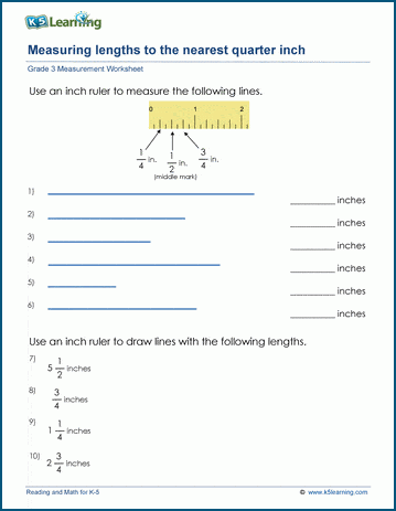 grade 3 math worksheet measuring length to the nearest quarter inch k5 learning