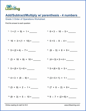 Grade 3 Order Of Operations Worksheets Free And Printable K5 Learning