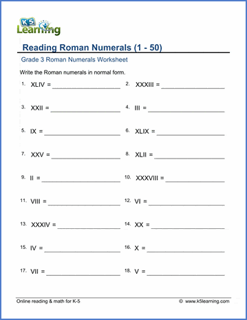 grade 3 roman numerals worksheet