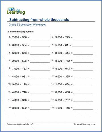 Grade 3 Subtraction Worksheet : subtracting from whole thousands | K5