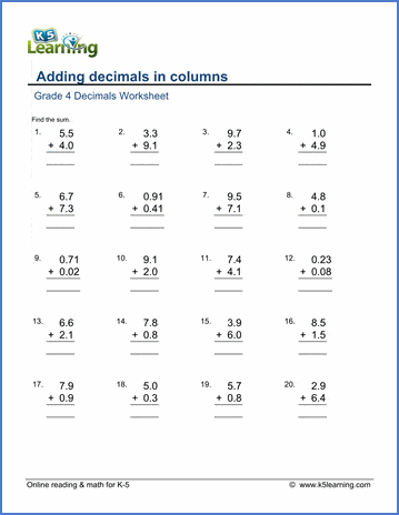 sample math worksheets 4 grade for 4 Decimals & free Grade  printable  Learning Worksheets  K5