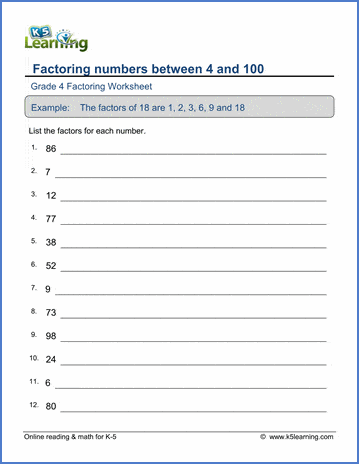 factors 4 worksheets grade math & K5 Learning  printable free  Grade Factoring 4  Worksheets