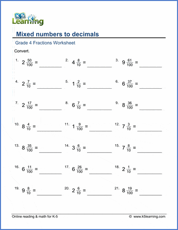 Grade 4 Fractions To Decimals Worksheets Free Printable K5 Learning