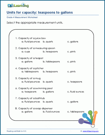 grade 4 measurement worksheets units of capacity k5 learning