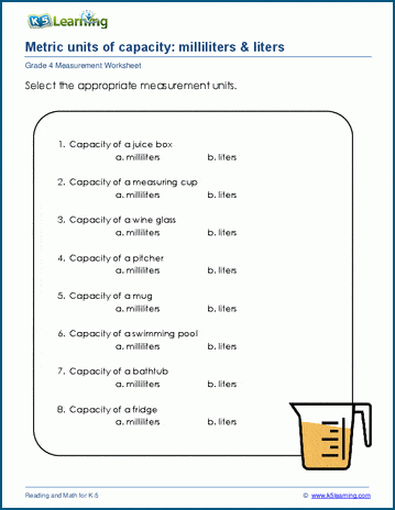 grade 4 measurement worksheets metric units of capacity k5 learning