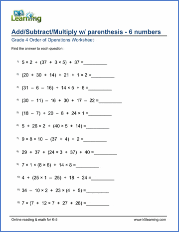 4th grade order of operations worksheets k5 learning